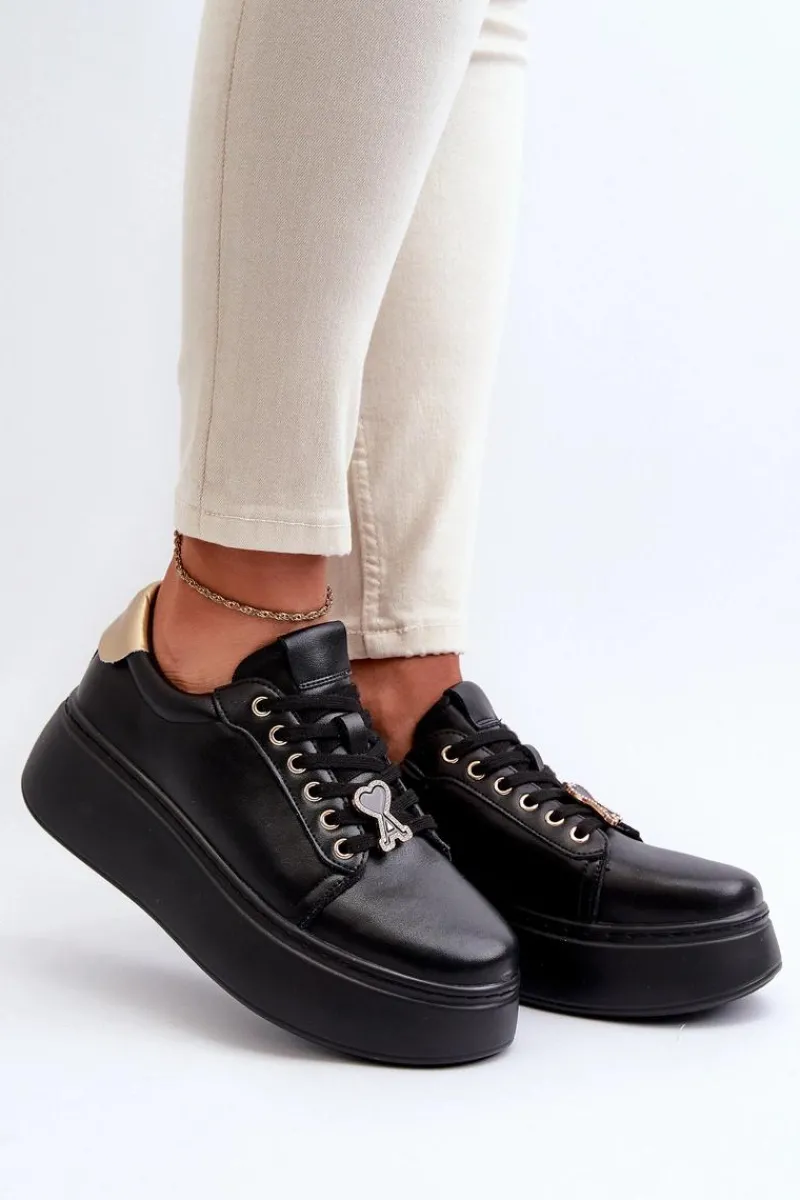 Clearance Buty damskie Vinceza Damskie Skórzane Sneakersy Na Platformie Czarne Vinceza 66700