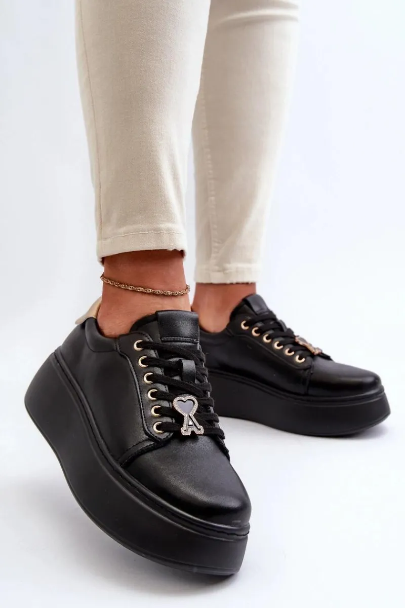 Clearance Buty damskie Vinceza Damskie Skórzane Sneakersy Na Platformie Czarne Vinceza 66700