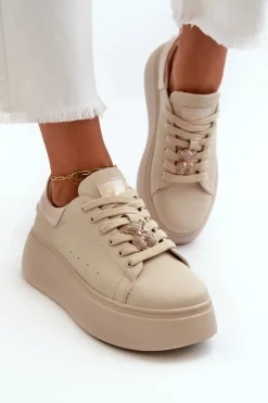 Damskie Skórzane Sneakersy Na Platformie Z Misiem Beżowe Vinceza 66641 Damskie Sneakersy Damskie