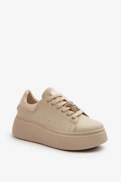 Damskie Skórzane Sneakersy Na Platformie Z Misiem Beżowe Vinceza 66641 Damskie Sneakersy Damskie