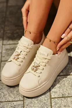 Damskie Skórzane Sneakersy Na Platformie Z Misiem Beżowe Vinceza 66641 Damskie Sneakersy Damskie
