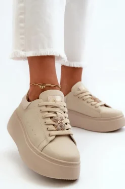 Damskie Skórzane Sneakersy Na Platformie Z Misiem Beżowe Vinceza 66641 Damskie Sneakersy Damskie