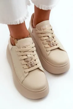 Damskie Skórzane Sneakersy Na Platformie Z Misiem Beżowe Vinceza 66641 Damskie Sneakersy Damskie