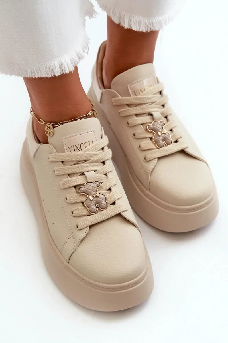 Damskie Skórzane Sneakersy Na Platformie Z Misiem Beżowe Vinceza 66641 Damskie Sneakersy Damskie