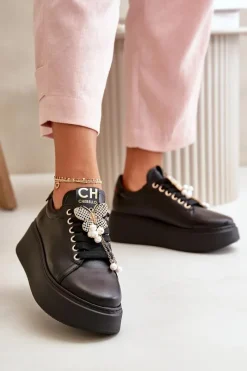 Clearance CheBello Damskie Skórzane Sneakersy Na Platformie Z Motylem 4585 Czarne
