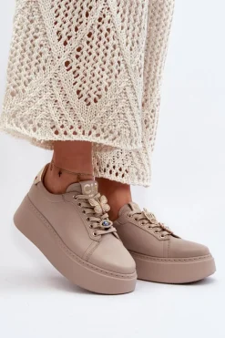 Sale Damskie Skórzane Sneakersy Z Ozdobami 4292 Beżowe Damskie Buty Sportowe Na Platformie