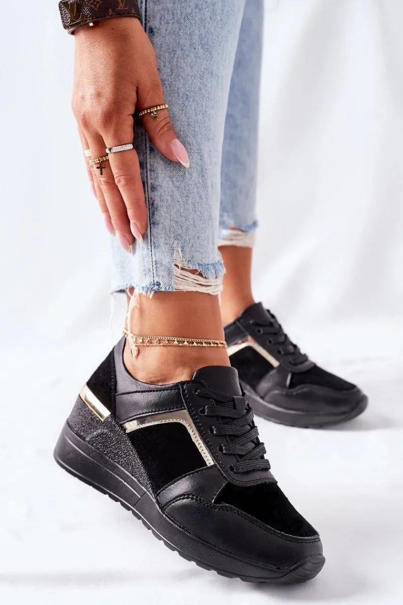 Damskie buty S.Barski Damskie Skórzane Sneakersy Na Koturnie Czarne Manitoba