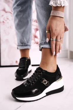 New Damskie buty S.Barski Damskie Skórzane Sneakersy Na Koturnie Czarne Złote Roxette