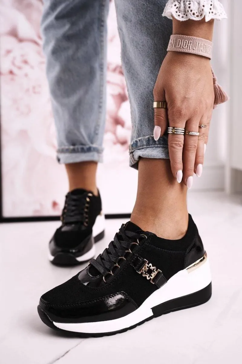 New Damskie buty S.Barski Damskie Skórzane Sneakersy Na Koturnie Czarne Złote Roxette