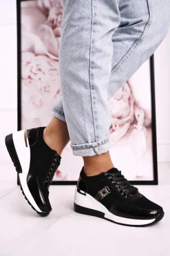 New Damskie buty S.Barski Damskie Skórzane Sneakersy Na Koturnie Czarne Złote Roxette