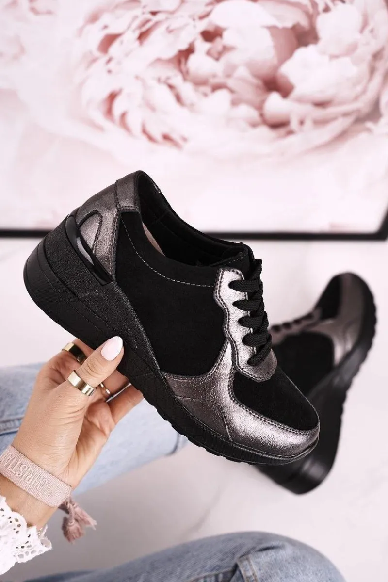 Clearance Damskie Skórzane Sneakersy Na Koturnie Czarne Srebrne Roxette Damskie Sneakersy Damskie