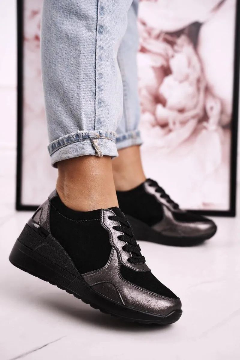 Clearance Damskie Skórzane Sneakersy Na Koturnie Czarne Srebrne Roxette Damskie Sneakersy Damskie