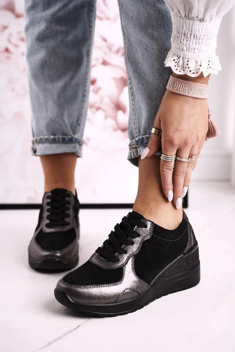 Clearance Damskie Skórzane Sneakersy Na Koturnie Czarne Srebrne Roxette Damskie Sneakersy Damskie