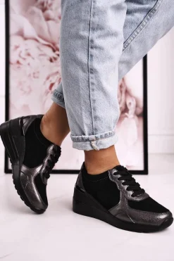 Clearance Damskie Skórzane Sneakersy Na Koturnie Czarne Srebrne Roxette Damskie Sneakersy Damskie