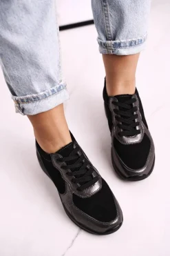 Clearance Damskie Skórzane Sneakersy Na Koturnie Czarne Srebrne Roxette Damskie Sneakersy Damskie