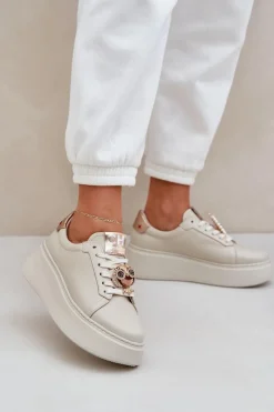 Clearance Damskie Skórzane Sneakersy 4411 Jasnobeżowe Damskie Buty Sportowe Na Platformie