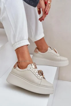 Clearance Damskie Skórzane Sneakersy 4411 Jasnobeżowe Damskie Buty Sportowe Na Platformie