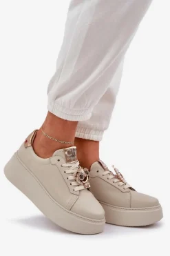 Clearance Damskie Skórzane Sneakersy 4411 Jasnobeżowe Damskie Buty Sportowe Na Platformie