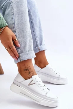 Damskie Skórzane Sportowe Buty Na Platformie Białe Saul Damskie Sneakersy Damskie
