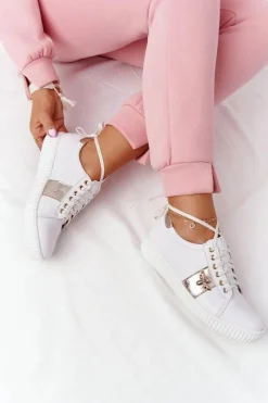 Clearance Boto Damskie Skórzane Tenisówki Lewski Shoes 2786-0 Biało-Złote