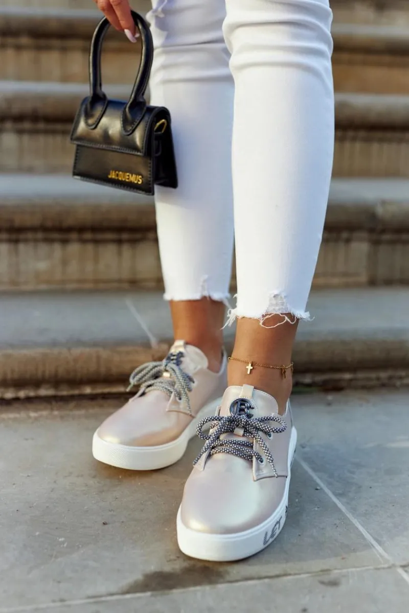 Trampki Damskie Niskie>Damskie buty S.Barski Damskie Skórzane Tenisówki Z Ozdobą Metaliczny Róż Carrey