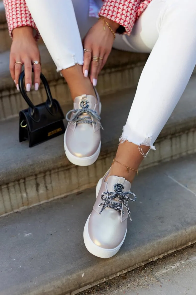 Trampki Damskie Niskie>Damskie buty S.Barski Damskie Skórzane Tenisówki Z Ozdobą Metaliczny Róż Carrey