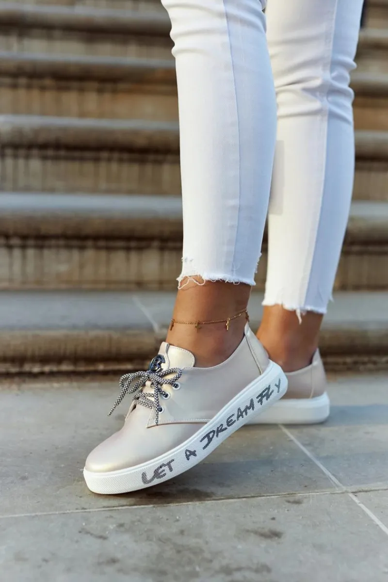 Trampki Damskie Niskie>Damskie buty S.Barski Damskie Skórzane Tenisówki Z Ozdobą Metaliczny Róż Carrey