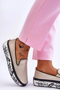 Trampki Damskie Slip-On|Trampki Damskie Niskie></noscript>Damskie buty S.Barski Damskie Skórzane Tenisówki Slip-On Złote Ottavia