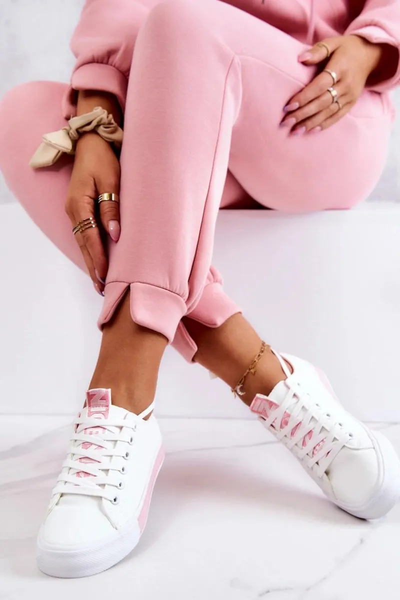 Trampki Damskie Niskie>Boto Damskie Skórzane Tenisówki Biało-Różowe Mikayla