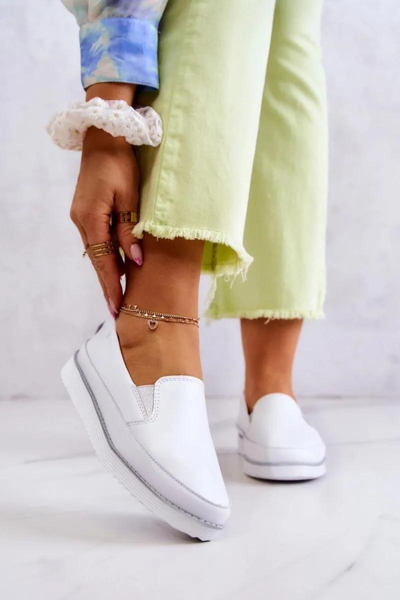 Outlet Damskie buty S.Barski Damskie Skórzane Tenisówki Slip-On S.Barski Białe