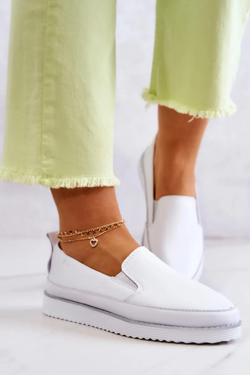 Outlet Damskie buty S.Barski Damskie Skórzane Tenisówki Slip-On S.Barski Białe