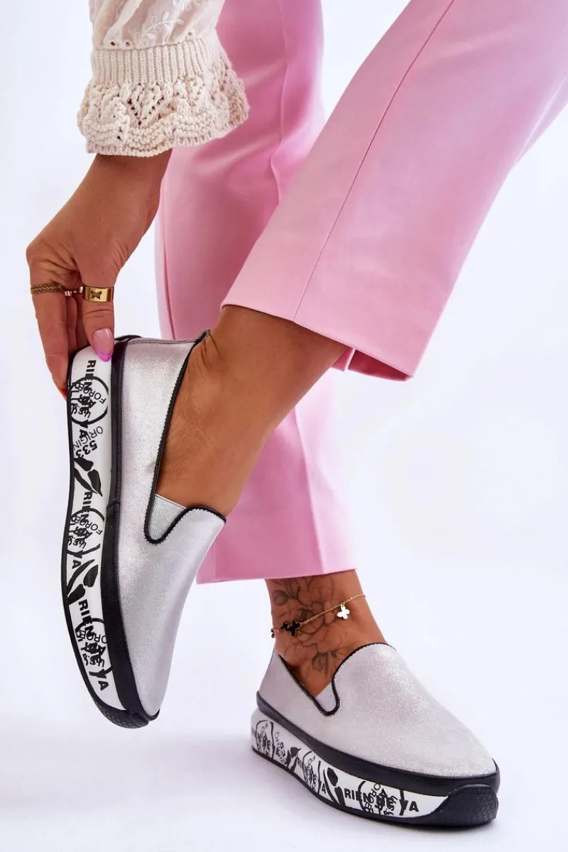 New Damskie buty S.Barski Damskie Skórzane Tenisówki Slip-On Srebrne Ottavia