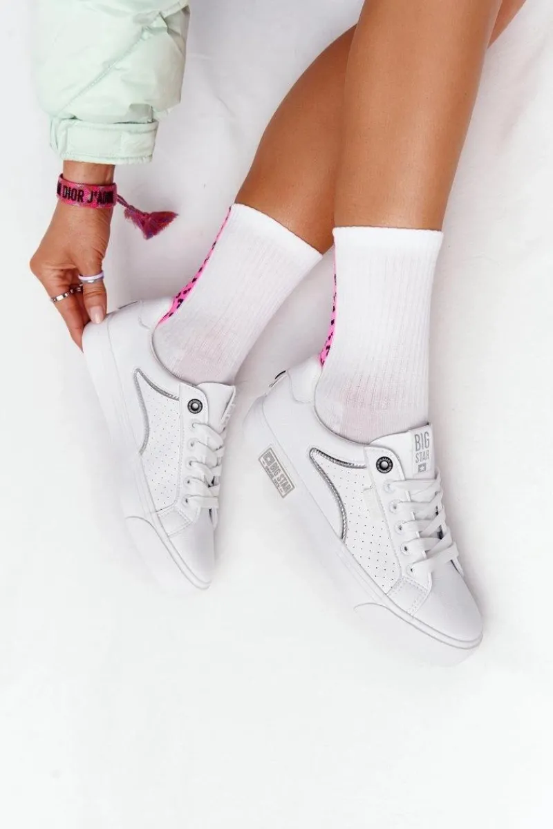 Hot Big Star Shoes Damskie Skórzane Tenisówki BIG STAR HH274075 Biało-Srebrne