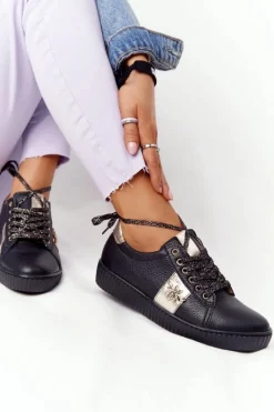 Discount Damskie Skórzane Tenisówki Lewski Shoes 2786-0 Czarno-Złote Damskie Trampki Damskie Niskie