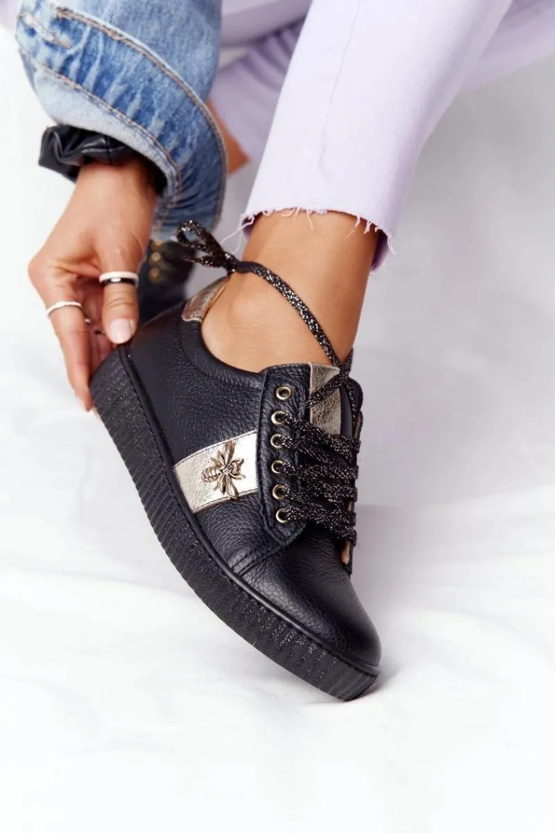 Discount Damskie Skórzane Tenisówki Lewski Shoes 2786-0 Czarno-Złote Damskie Trampki Damskie Niskie