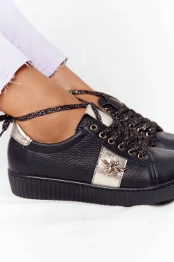 Discount Damskie Skórzane Tenisówki Lewski Shoes 2786-0 Czarno-Złote Damskie Trampki Damskie Niskie