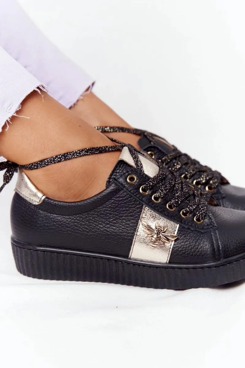 Discount Damskie Skórzane Tenisówki Lewski Shoes 2786-0 Czarno-Złote Damskie Trampki Damskie Niskie