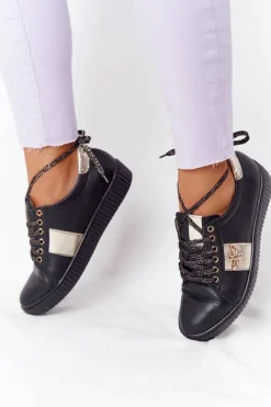 Discount Damskie Skórzane Tenisówki Lewski Shoes 2786-0 Czarno-Złote Damskie Trampki Damskie Niskie