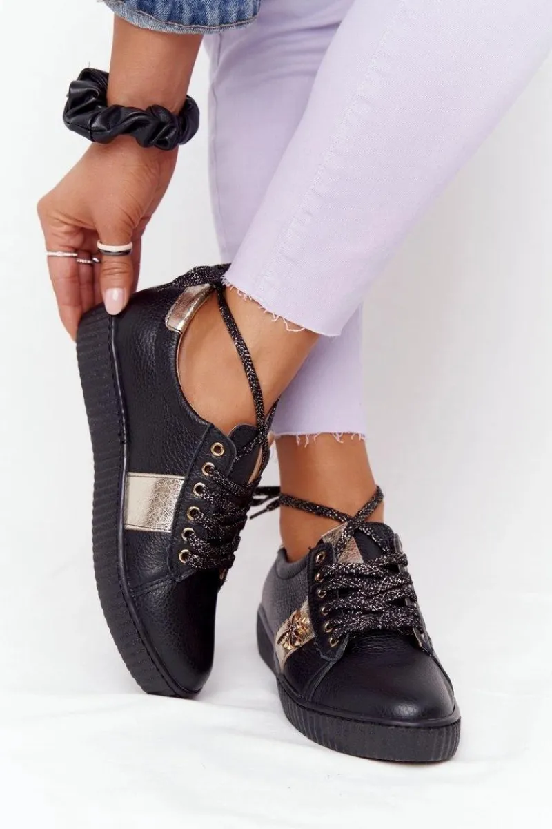 Discount Damskie Skórzane Tenisówki Lewski Shoes 2786-0 Czarno-Złote Damskie Trampki Damskie Niskie