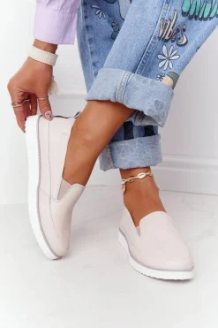 Trampki Damskie Slip-On>Damskie buty S.Barski Damskie Skórzane Tenisówki Slip-On S.Barski Beżowe