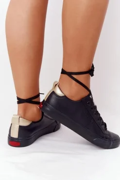 Trampki Damskie Niskie>Cross Jeans Damskie Skórzane Tenisówki HH2R4003C Czarne Czarny