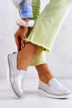 Trampki Damskie Slip-On>Damskie buty S.Barski Damskie Skórzane Tenisówki Slip-On S.Barski Holograficzne Srebrne