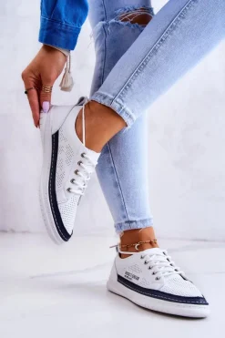 Online Damskie Skórzane Tenisówki Biało-Granatowe Cloesa Damskie Trampki Damskie Niskie