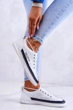 Online Damskie Skórzane Tenisówki Biało-Granatowe Cloesa Damskie Trampki Damskie Niskie