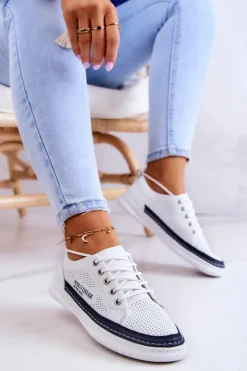 Online Damskie Skórzane Tenisówki Biało-Granatowe Cloesa Damskie Trampki Damskie Niskie