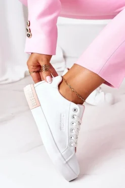 Damskie Skórzane Tenisówki BIG STAR II274033 Biało-Różowe Damskie Trampki Damskie Big Star|Trampki Damskie Niskie