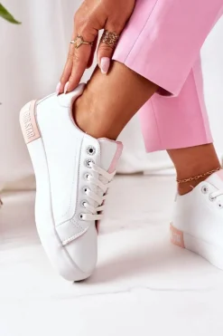 Damskie Skórzane Tenisówki BIG STAR II274033 Biało-Różowe Damskie Trampki Damskie Big Star|Trampki Damskie Niskie