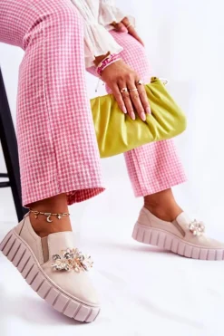 Trampki Damskie Slip-On>Boto Damskie Skórzane Tenisówki Slip-On Z Ozdobą Beżowe Mirana