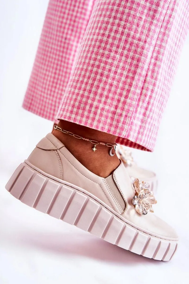 Trampki Damskie Slip-On>Boto Damskie Skórzane Tenisówki Slip-On Z Ozdobą Beżowe Mirana