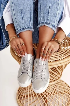 Clearance Damskie Skórzane Tenisówki BIG STAR HH274143 Srebrne Damskie Trampki Damskie Big Star|Trampki Damskie Niskie